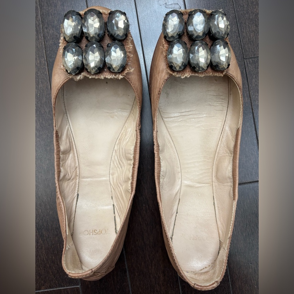 Topshop Pink Leather Ballet Flats with Metallic Embellishments